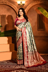 Blue - Magenta Banarasi Tissue Handloom Saree